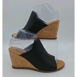 Korks Black Cork Wedge Heels Womens Sandals Size 7 M Slip Ons Mules Leather